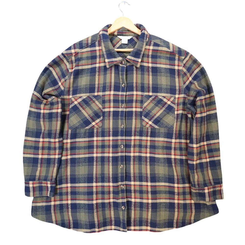 Natural Reflections Plaid Button Up Womens 2X Green Blue Excellent Flannel Shirt
